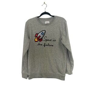 Bricktown Men's Gray Space Is The‎ Future Embroidered Pullover Sweatshirt Medium